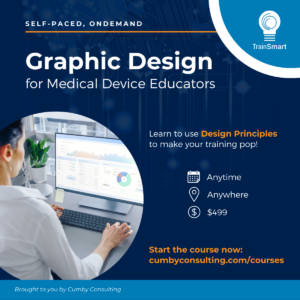 TrainSmart Graphic for Graphic Design for Medical Device Educators Course - image of someone looking at charts on a computer