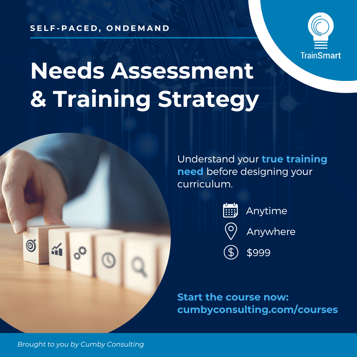 TrainSmart Graphic for Needs Assessment and Training Strategy Development Course - image of person lining up blocks with icons on them for growth, target, systems and time